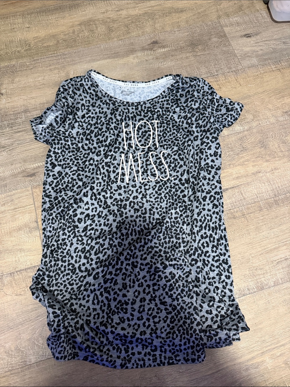 Rae Dunn Black and Gray Leopard-Print "Hot Mess" Short Sleeve Pajama Top